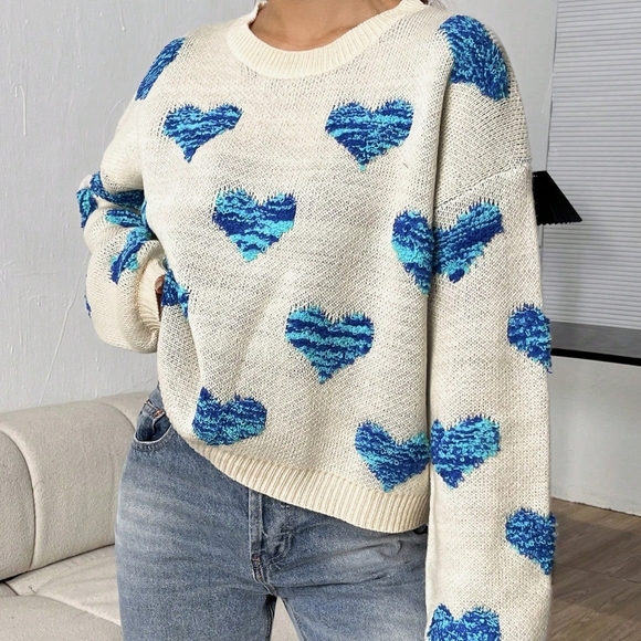 Women'S Heart Pattern Drop Shoulder Sweater